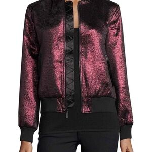 Cinq à Sept Venus Lamé Bomber Jacket Wine Metallic Satin Trim Size S